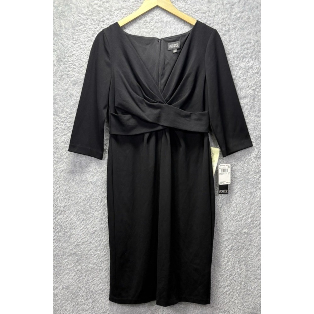 NEW Adrianna Papell Womens 12 Black Dress Draped V Neck Ruched 3/4 Sleeve Party